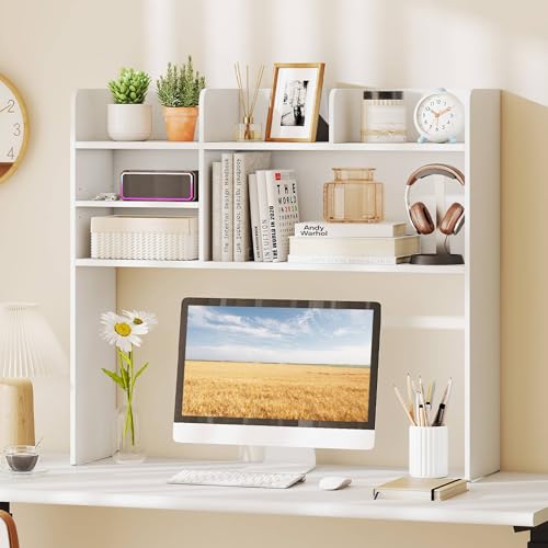 Tangkula Desktop Bookshelf for Computer Up to 32”, 37” Countertop Storage Hutch with 6 Storage Shelves, 3-Tier Desktop Organizer Display Rack, Wooden Desk Hutch for Dorm Home Office (White) - color: White, size: 6 Shelves