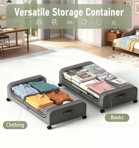 Under Bed Storage with Wheels, 6.7'' Tall Underbed Storage Containers with Lids - Rolling Bins for Shoes Clothes Blankets (Grey, 2-Pack XXL) - color: grey, size: 6.7 inch-height