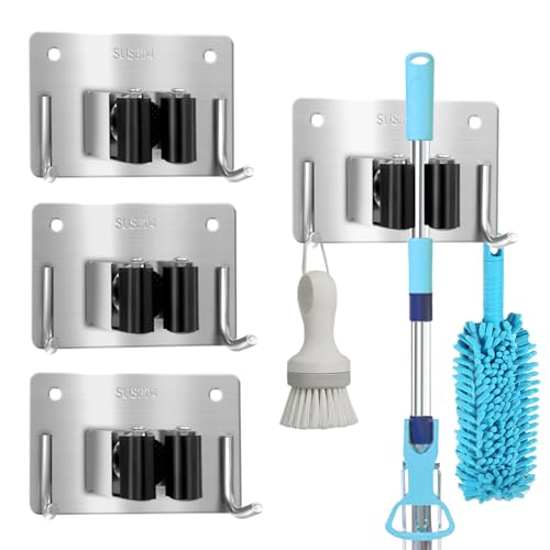 Mop and Broom Holder Wall Mount Stainless Steel 304 Tool Garage Organization Rack Scew and Self Adhesive Broom Hanger Heavy Duty 4pcs
