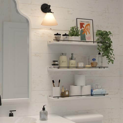 WOPITUES Floating Shelves 24 inch with Gold Metal Guardrail, Shelves for Wall Decor Set of 3, Wall Shelves for Bedroom, Bathroom, Kitchen, Living Room, Plants, Picture Frames, Art- Black and White - color: Black and White, size: 23.6 inch