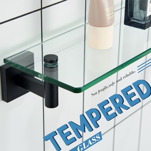 KOKOSIRI Bathroom Shelves Glass Floating Shelf 16-Inch for Bedroom, Living Room, Kitchen, Small Hanging Rack Rustproof Wall Mounted Black B1105BK-L16 - color: Matte Black, size: 16-Inch