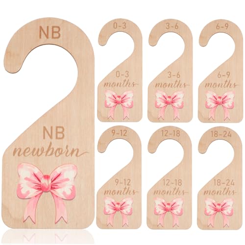 7PCS Wooden Baby Closet Dividers, Pink Bow Baby Clothes Organizer, Double-Sided Nursery Clothes Size Hanger Organizer from Newborn to 24 Months for Boho Nursery Decor