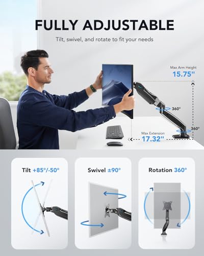 HUANUO FlowLift™ Single Monitor Mount, 13 to 32 Inch Monitor Arm, Adjustable Monitor Stand, Vesa Mount with Clamp and Grommet Base - Fits 4.4 to 19.8lbs LCD Computer Monitors - color: Black