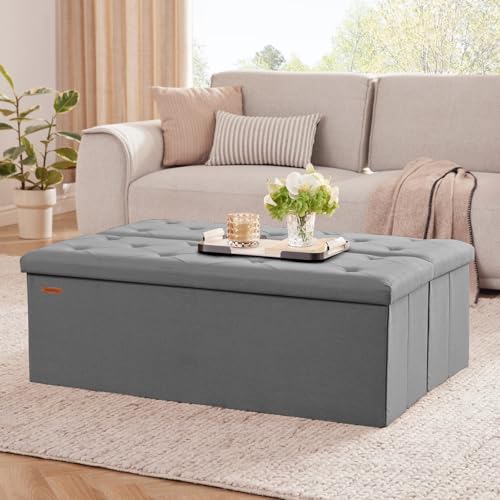 HAUSFRAU Storage Ottoman Bench with Flipping Lid, 43.3 Inches Storage Chest Footsrest, Folding Foot Stool for Entryway, Living Room, Bedroom, Linen Grey - color: Grey, size: 15"D x 43.5"W x 15"H