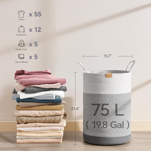 Nunsino Laundry Hamper 75L,Large Laundry Basket for Clothes,Decorative Storage Basket for Blankets,Cotton Rope Woven basket for bedroom,Grey White - color: Grey&White, size: 75L/19.8Gal