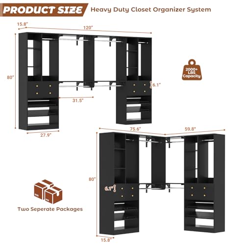 10FT Closet System with 4 Drawers, 120" Closet Organizer System with 6 Hanging Robs & Reversible Hanging Shelving, Closet Systems for Walk-in Closets, Load 2000+LBS, Black 2 Pack - color: Black, size: 10FT