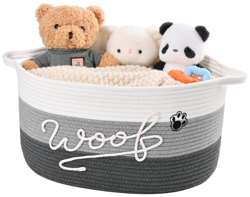 Woof Dog Toy Basket with Handles, Large Dog Toy Storage Bin with Paw Print, Woven Dog Basket for Blankets, Toys, Chews, Pet Toy Box for Nursery, Living Room, Bedroom, 17”x12”x9, Grey - color: Grey