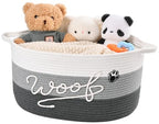 Woof Dog Toy Basket with Handles, Large Dog Toy Storage Bin with Paw Print, Woven Dog Basket for Blankets, Toys, Chews, Pet Toy Box for Nursery, Living Room, Bedroom, 17”x12”x9, Grey - color: Grey
