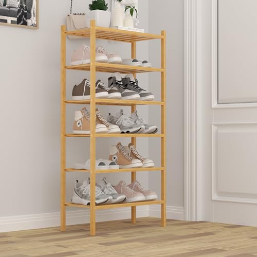 ROMGUAR CRAFT 6-Tier Bamboo Small Shoe Rack, Free Standing Wood Shoe Shelf Storage Organizer for Closet Entryway Stackable (Natural) - color: Natural, size: 6-Tier(Small)