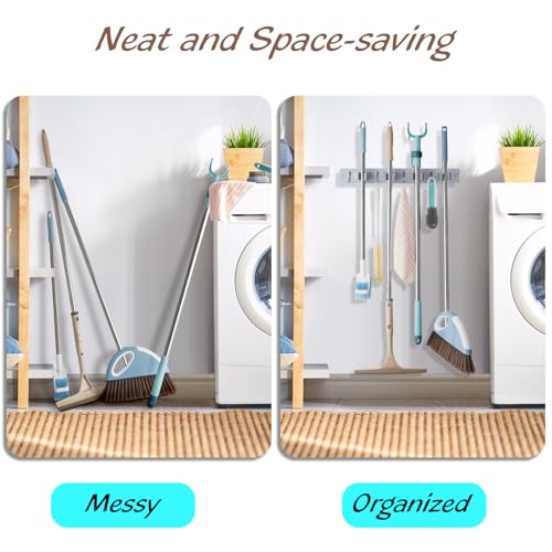 OUTNILI Gray Mop Broom Holder Wall Mount with 4 Slots & 4 Hooks - Wood Broom Mop Hanger for Pantry Closet Laundry Room Organization - Heavy Duty Garden Tool Organizer - color: Gray-4 Grips, size: 1 Pack