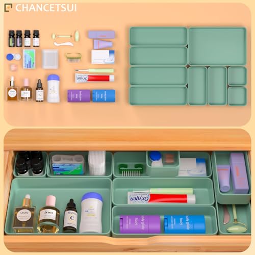 CHANCETSUI 9 Pcs Stackable Drawer Organizer Trays Set, Green, Multifunctional Storage for Vanity, Bathroom, Kitchen, Desk Drawer Organizer Office, PET Plastic - color: 9-4Green