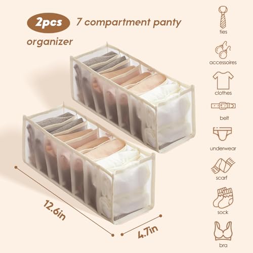 2-Pack Underwear Storage Organizer, 7-Compartment Foldable Drawer Divider for Home, Closet, and Travel Use, Mesh Fabric Organizer Box for Clothing - color: 2 Off White