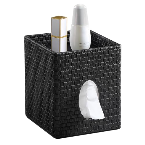 Square Tissue Box Cover, Stylish Leather Tissue Box Holder with Storage Tray, Decorative Tissue Rack Storage Box for Living Room, Bedroom, and Office Desk(Black Woven Pattern) - color: Black Woven Pattern