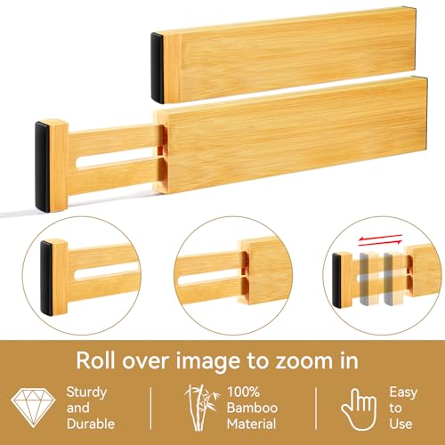 Secura Bamboo Drawer Dividers Organizer 4-Pack, Adjustable Drawer Separators Expandable from 12.0-17.1 inches for Kitchen, Office, Bathroom, Closet, Dresser
