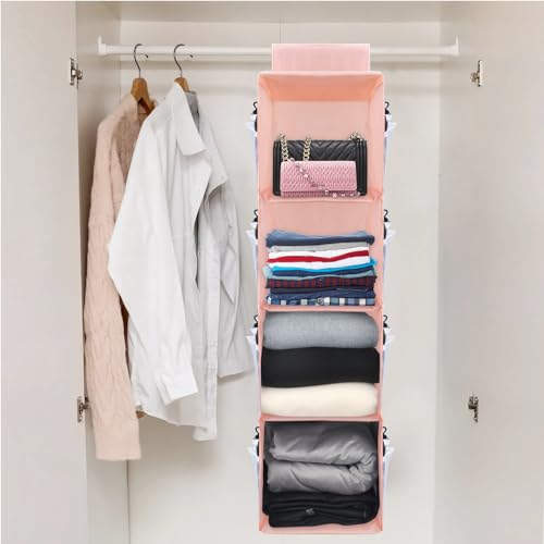 PetsHome 4-Shelf Hanging Closet Organizer, Space Saver, Closet Hanging Storage Shelves with Mesh Pockets & Magic Tap for Storage, Foldable-Pink - color: Pink, size: 4 Shelf