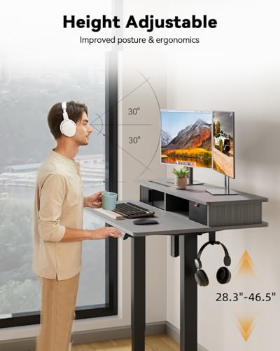 JOY worker Small Electric Standing Desk, 35" x 25" Height Adjustable Table with Built-in Monitor Stand & Storage Drawer, Grey Sit Stand Desk with 2 Hooks for Home Office - color: Grey, size: 35inch