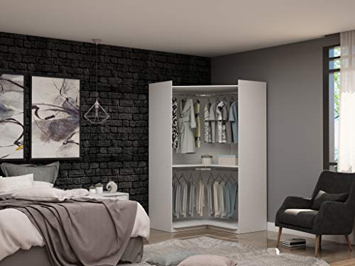 Manhattan Comfort Mulberry Modern Free Standing Corner Wardrobe Closet with Rounded Hanging Rods, Open Shelving & Finished Back for Room Divider, Space-Saving Storage Solution, White - color: White