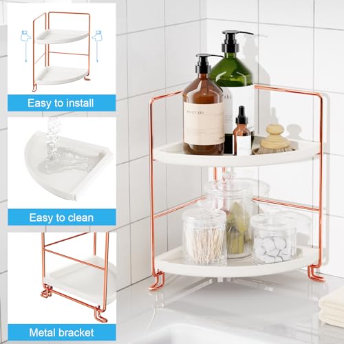 FSyueyun 2-Tier Corner Bathroom Counter Organizer, Tool-Less Installation Vanity Shelf Small Plastics Countertop Makeup Tray Skincare Perfume Organizers (Rose Gold) - color: Rose Gold