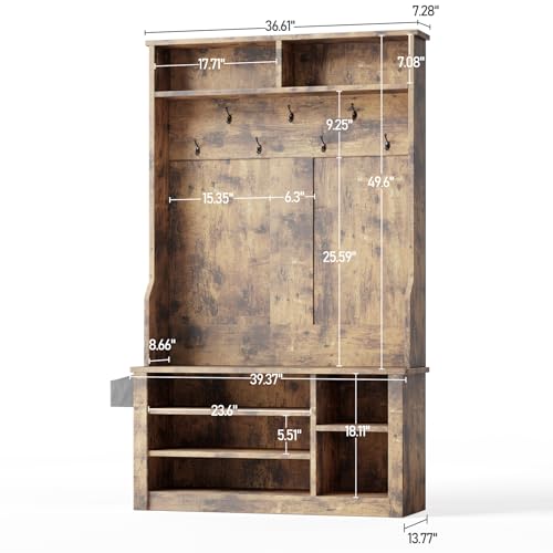 Aiho Entryway Hall Tree with Bench and Storage, 3-in-1 Hall Tree with Coat Rack, Adjustable Shoe Bench, 2-Tier top Storage, for Hallway, Entryway, Bedroom, Rustic Brown - color: Brown