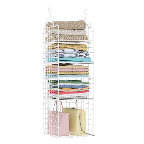X-cosrack Closet Hanging Organizer and Storage - 5 Tier Hanging Shelves, Wire Closet Shelf Organizer Basket with Adjustable Dividers for Home Clothing Sweaters Shoes Handbags - color: White, size: Small
