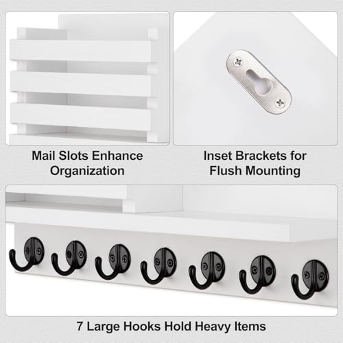 Lwenki Key Holder for Wall – Decorative Wooden Mail Holder and Key Shelf with Mounting Hardware, Installation Guide – Paulownia Wood with Metal Key Hooks (White, Extra Large - 15.6inch) - color: White, size: Extra Large - 15.6inch