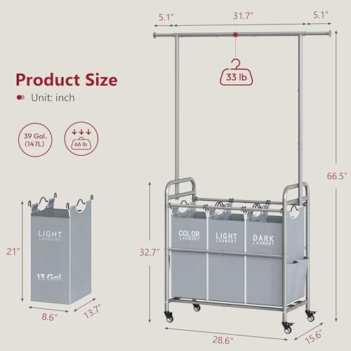 Tajsoon Laundry Sorter with Hanging Bar, 3 Section Rolling Laundry Hamper with Heavy Duty Lockable Wheels, Laundry Basket with Hanging Rack for Bedroom, 3 Gray - color: Gray, size: 3 bag