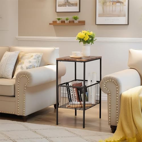VECELO Tall Night Stand with Metal Basket,End Table with Shelf Storage Organizer, Wood Nightstand for Bedroom, Living Room,Bathroom - color: Rustic Brown, size: 1 Set