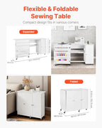 VEVOR Folding Sewing Table, Multipurpose Sewing Machine Table with Cabinet, Compact Design, Wheels, Wooden Pegs, Storage Trays and Shelf, Magnetic Door, Craft Station and Side Desk for Home, White - size: White w/ Cabinet
