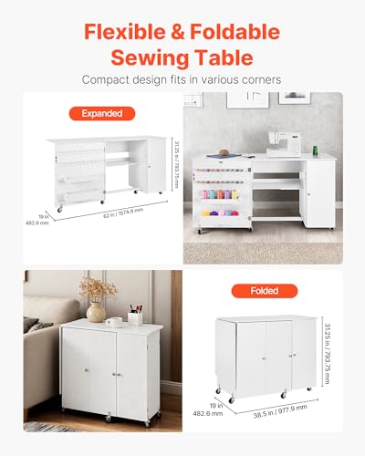 VEVOR Folding Sewing Table, Multipurpose Sewing Machine Table with Cabinet, Compact Design, Wheels, Wooden Pegs, Storage Trays and Shelf, Magnetic Door, Craft Station and Side Desk for Home, White - size: White w/ Cabinet