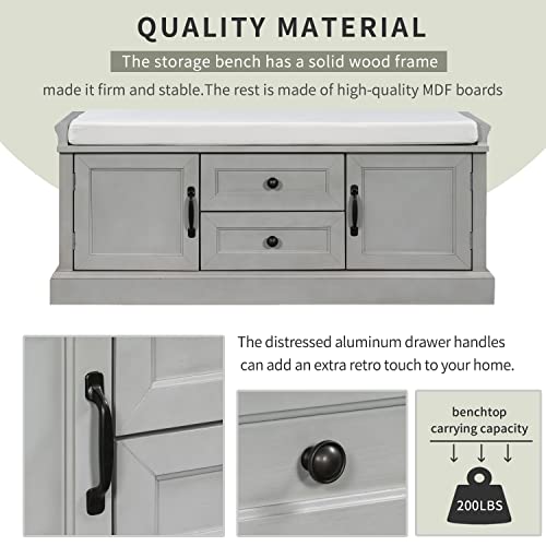 P PURLOVE Rustic Storage Bench Wood Entryway Storage Bench with 2 Cabinets and 2 Drawers, Wood Shoe Bench Storage Bench with Removable Cushion for BeadRoom,Hallway, Entryway,Assemble Required - color: Gray Wash, size: with 2 Drawers and 2 Cabinets