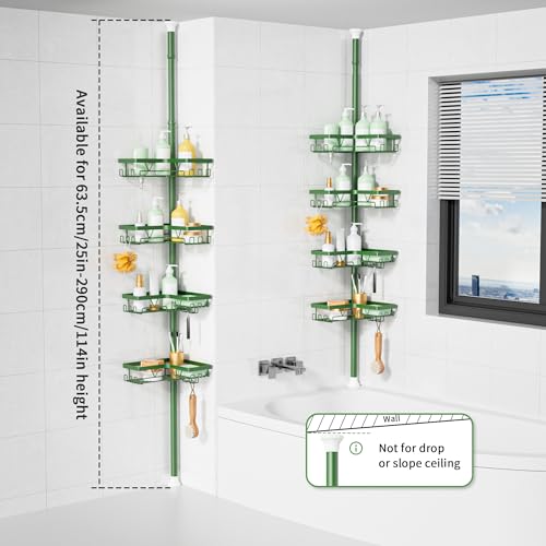 KEGII Shower Caddy Tension Pole, 4-Tier Rustproof Adjustable Corner Bathroom Organizer for Renters, 25–114.2 Inch No Drill Space-Saving Shower Storage Rack, Emerald Green - style: Tension Caddy - Emerald Green
