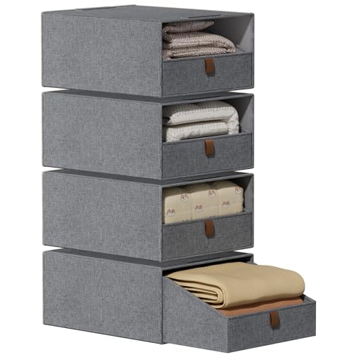 4-Pack Storage Bins with Drawers Large Closet Organizers and Storage Stackable Fabric Clothes Storage Box Collapsible Closet Drawers Organizer for Bedroom Living Room Under Bed (Deep Grey, 21L*4) - color: Deep Grey