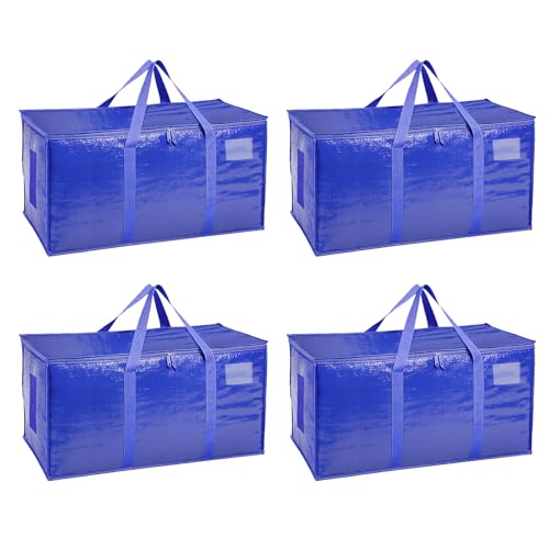 4 Pack-Extra Large Heavy Duty Moving Bags - Waterproof Storage Totes with Handles & Zippers, Foldable for College Dorm, Storage (Blue) - color: Blue, size: 4