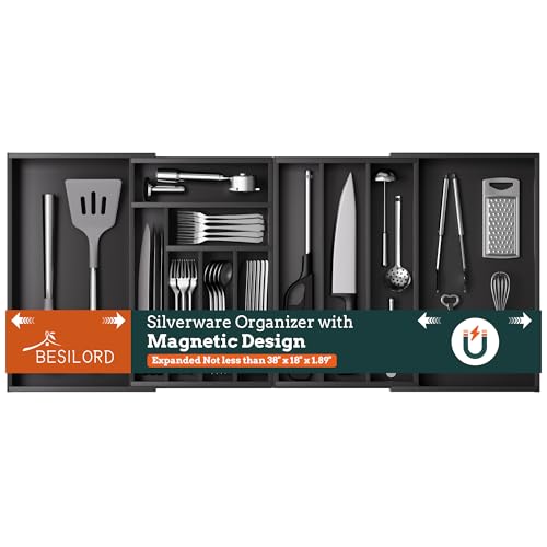 Silverware Organizer Large, Magnetic Connected Expandable 11 Slots Silverware Drawer Organizer from 21 to 37.4 Inches, Adjustable Flatware and Cutlery Holder, Bamboo Utensil Tray for Kitchen Black - color: Black, size: 11 Slots
