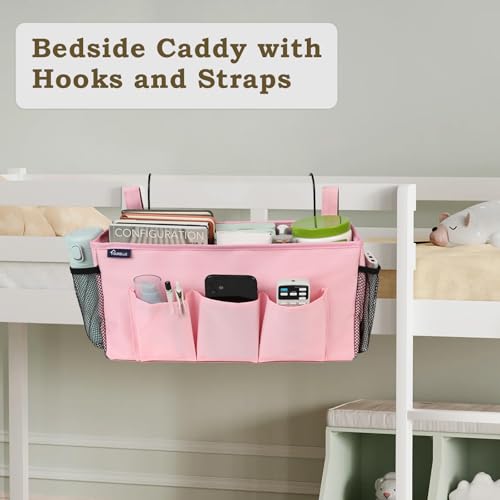 Surblue Bedside Organizer with Hook & Caddy Hanging Storage Bag with Adjustable Straps and Water Bottle Holder for Home, College, Dorm Bunk Bed & Crib Bed Rails Accessories, Pink - color: Pink