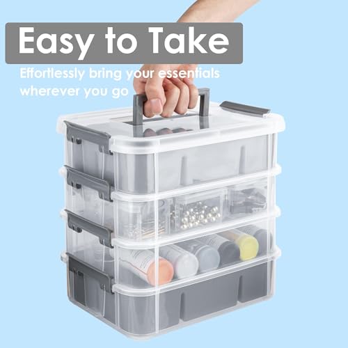 CraftGenes Grey&White Modern Plastic Storage Box - 4-Layer Durable Craft Storage Containers with 2 Removable Trays for Arts & Crafts Supplies, Sewing, Office, Seasonal Decor - color: Grey
