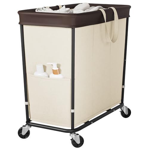 320L Laundry Basket with Wheels, 3-Section Rolling Hamper for Laundry, Extra Large Laundry Hamper with Wheels, Clothes Hamper Rolling Laundry Basket for Home, Bathrooms and Dorm(Beige) - color: Beige-3 Section, size: 320L