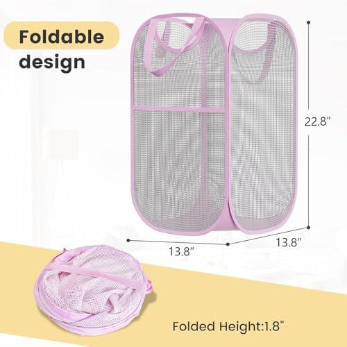 2 Pack Strong Mesh Pop-up Laundry Hamper, Quality Pop Up Hampers for Laundry with Durable Handles Solid Bottom High Carbon Steel Frame, Easy to Open and Fold Flat for Storage(Light Pink) - color: Light Pink, size: 2-Pack