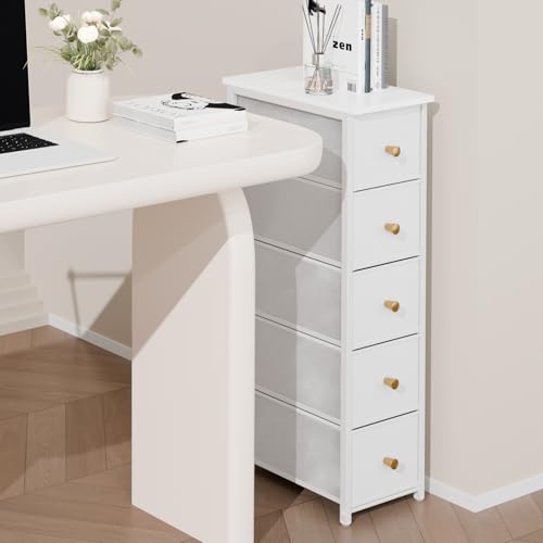 lurcns Narrow Storage Cabinet for Small Spaces Slim Skinny Bathroom Dresser Tall Dorm Nightstand Thin Organizer for Bathroom Bedroom (White, 5 Drawers) - color: White, size: 5 Drawers+No Charging Station