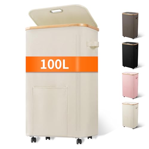 Vincona Laundry Basket with Wheels, Tall Dirty Clothes Hamper on Wheels, Rolling Laundry Hamper with lid for Dorm, Bedroom and Bathroom (Beige, 100L) - color: Beige, size: 100L