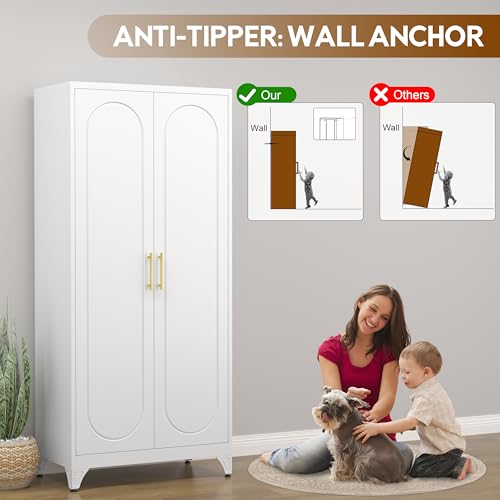 UNICOLY Armoire Wardrobe Closet with Doors, 71'' Wardrobe Cabinet with Hanging Rod, Metal Closet with 2 Adjustable Shelves for Bedroom School, Employee, Gym, Armarios De Ropa para Dormitorio, White - color: White, size: 71 Inch arched-J with 0 Drawers