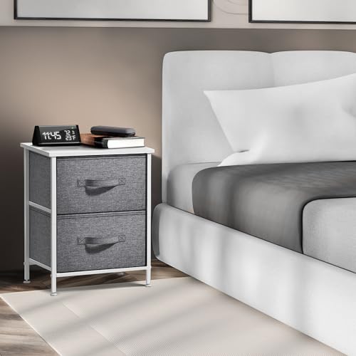 Sorbus Nightstand with 2 Drawers - Bedside Furniture End Table Night Stand with Steel Frame, Wood Top & Easy Pull Fabric Bins - Small Dresser & Chest for Home, Bedroom Accessories & Office - color: White, style: 2 Drawer