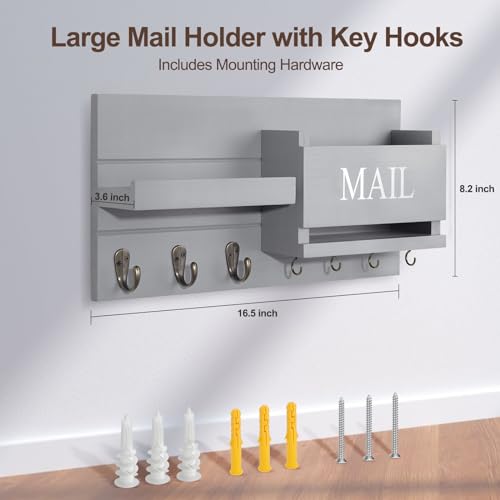 Lwenki Mail Organizer for Wall Mount – Key Holder with Shelf Includes Letter Holder and Hooks for Hallway Farmhouse Decor – Rustic Wood with Flush Mounting Hardware (16.5” x 9.1” x 3.4”) (Gray) - color: Gray