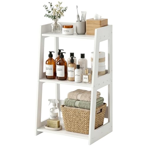 3-Tier Bathroom Ladder Shelf Freestanding, White Floor Shelves Open Shelving Unit, Small Bookshelf Nightstand for Home Study Laundry Room (11.8" D x 15.7" W x 27.6" H) - size: 11.8"D x 15.7"W x 27.6"H