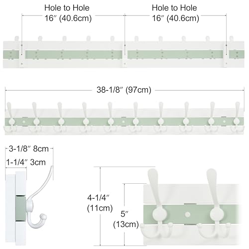SKOLOO Coastal Wall Mounted Coat Rack - 38-1/8" Beach House Entryway Wooden Coat Hook with 10 Hooks for Hanging Coats, Hats or Towels, Oceanfront Cottage Core Collection, White & Green - color: Green & White Plates & White Hook, size: 1 Item-10 Hooks
