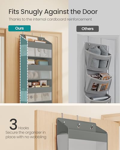 SONGMICS Over-the-Door Organizer, 5-Tier Door Hanging Storage Shelf, Heavy-Duty Closet Hanging Organizer Foldable, Transparent, Pockets, Metal Hooks, Dove Gray URDH010GD01 - color: Dove Gray
