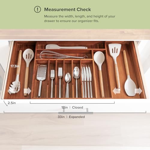 KitchenEdge Premium Silverware, Flatware and Utensil Organizer for Kitchen Drawers, Food-Safe Contract Grade, Expandable from 18 to 33 In, Natural Acacia - color: Natural Acacia, size: From 18" to 33" wide