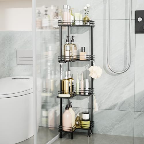 Consumest Corner Shower Caddy Standing - 4-Tier Stainless Steel Shower Organizer with Soap Holder and 4 Hooks, Large Capacity Corner Shelf Stand for Bathroom, Rest Room, Black - color: Black, size: 4 Tier