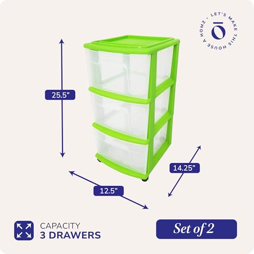 HOMZ 2-Pack Drawer Tower, 3-Tier Clear Plastic Storage Organizer Cart, Bold Lime Frame - Organizing Containers with Wheels for Home, Bathroom, Bedroom, Office, and Classroom - color: Bold Lime, size: 2 Pack