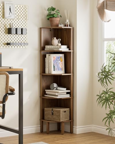 Corner Shelf, 5 Tier Corner Bookshelf, Display Corner Shelf Stand with Storage Rack, Wall Corner Bookshelf for Living Room, Bedroom, Office, Walnut - color: Walnut Without Light